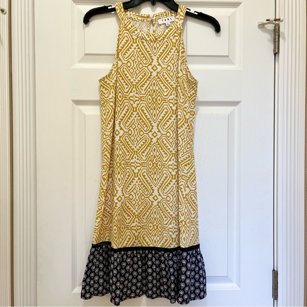 THML Mustard, White and Blue patterned shift Dress -Size S (fits like an XS)